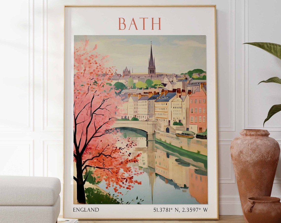 Bath River Avon Bridge Blossom Georgian England Travel Poster