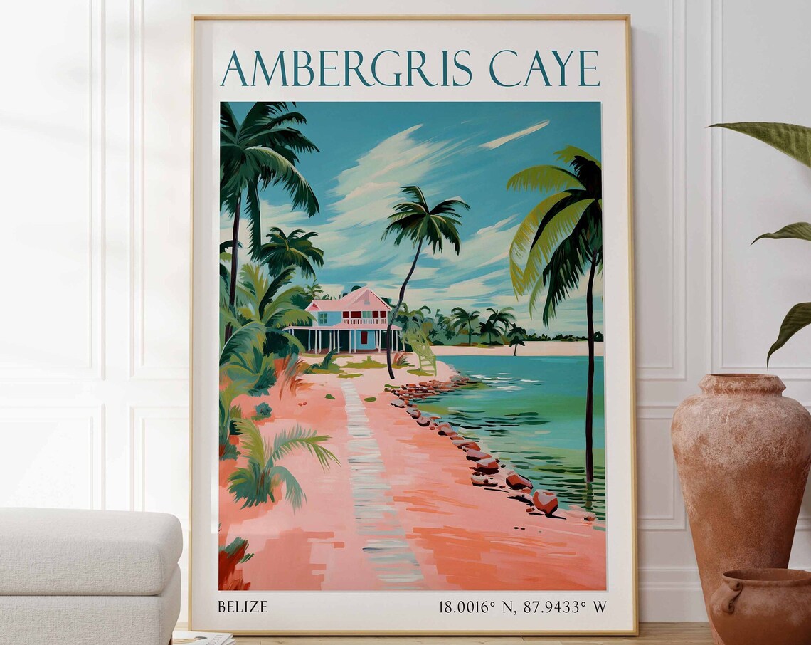 Ambergris Caye Belize Travel Poster Pink Beach Palms View Art