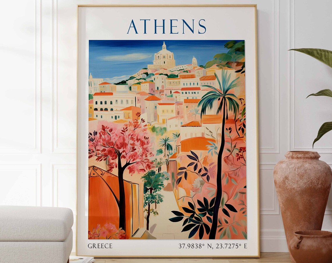 Athens Greece Sunny Pink Blossom City View Vintage Travel Poster