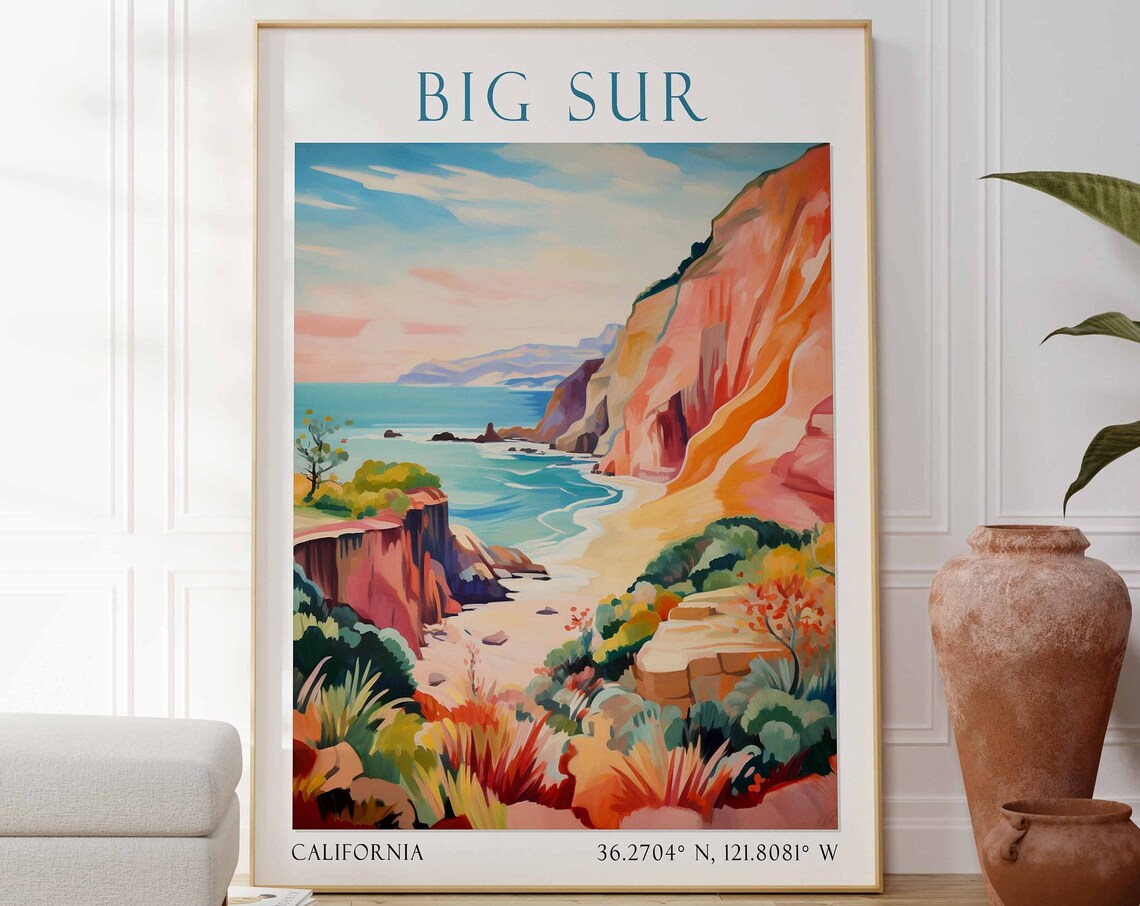 Big Sur California Red Cliffs Rocky Cove and Ocean Daytime View Poster