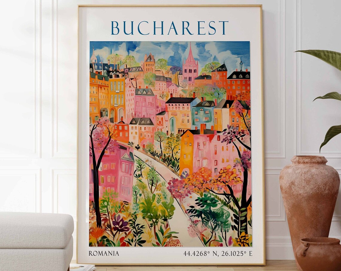 Bucharest Romania Travel Poster Pastel Cityscape Painting Art