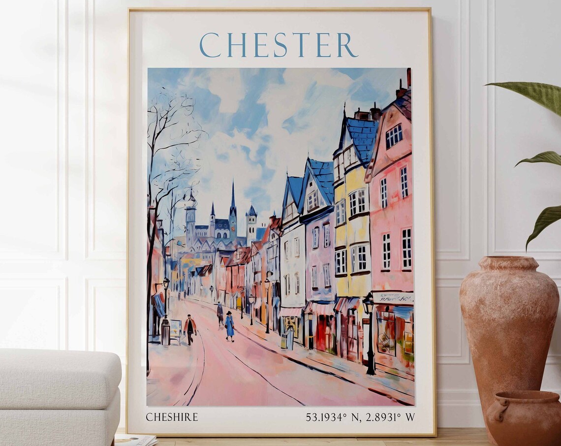 Chester Historic Street Cathedral Spires Cheshire Travel Poster