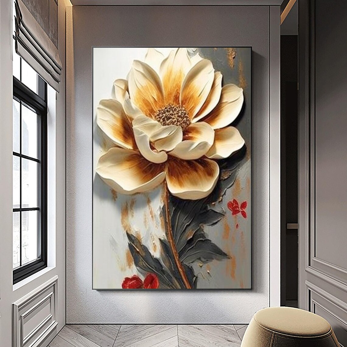 Cream White Flower Golden Center 3D Impasto Floral Wall Poster - Image 2