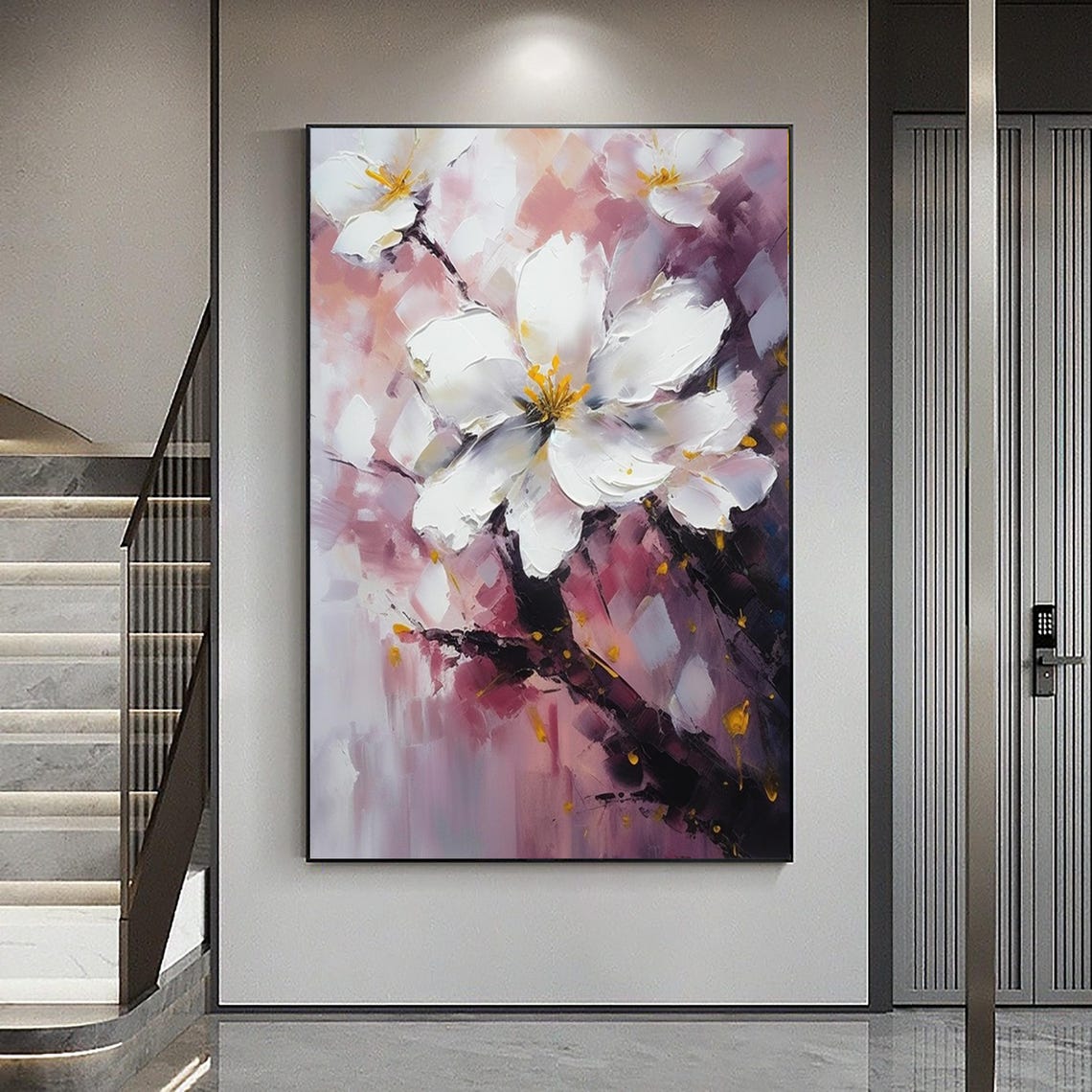 White Cherry Blossoms Pink Purple Branch Vibrant Impasto Floral Poster - Image 2