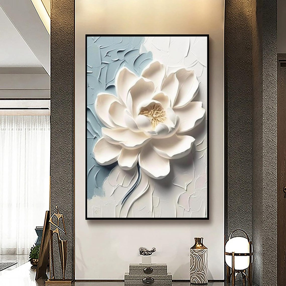 White 3D Bloom Flower Blue Textured Background Floral Art Poster - Image 4