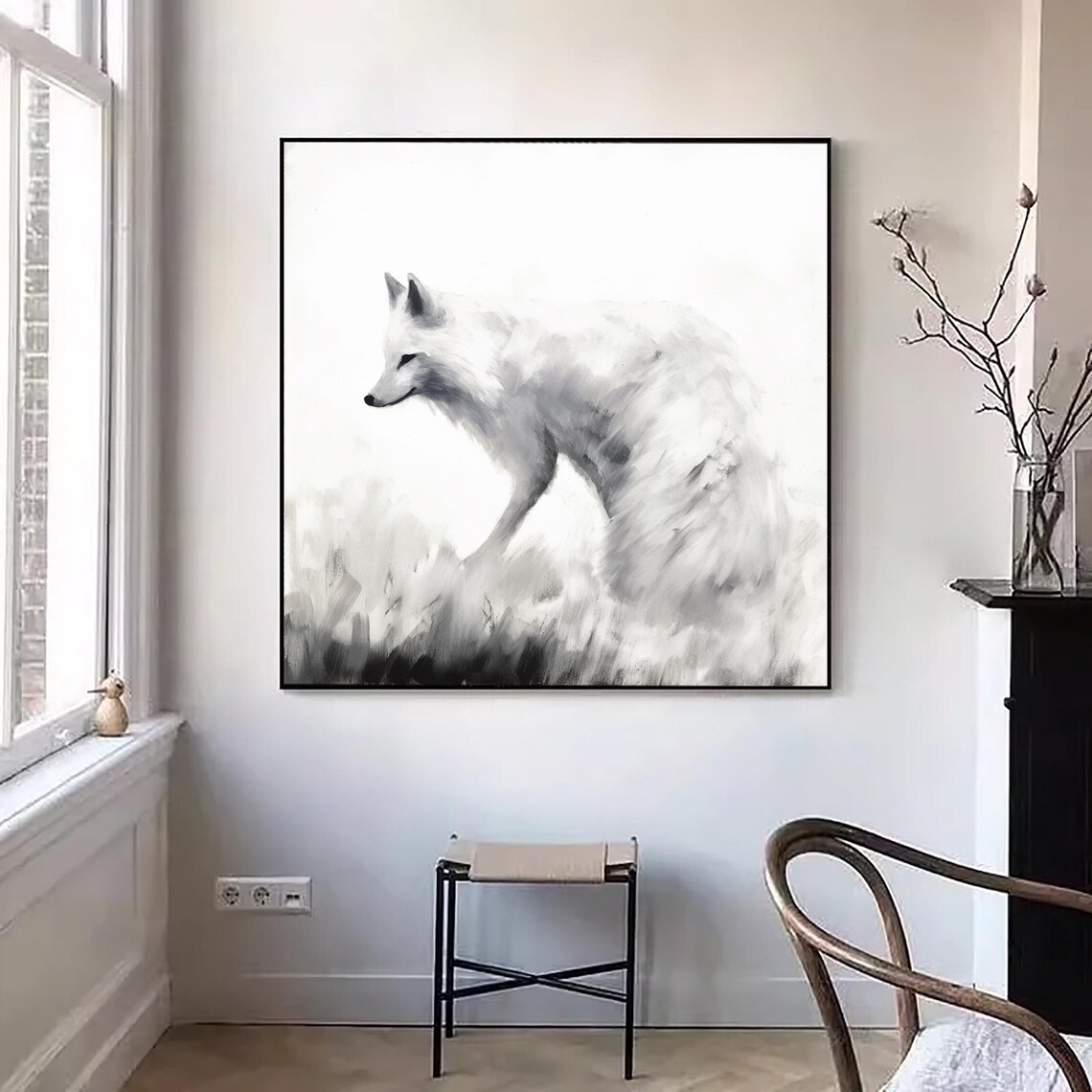 Minimalist White Fox Walking Winter Snow Scene Animal Canvas Wall Art Print - Image 2