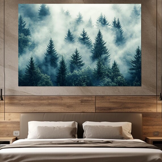 Misty Forest Landscape Art Print, Foggy Forest