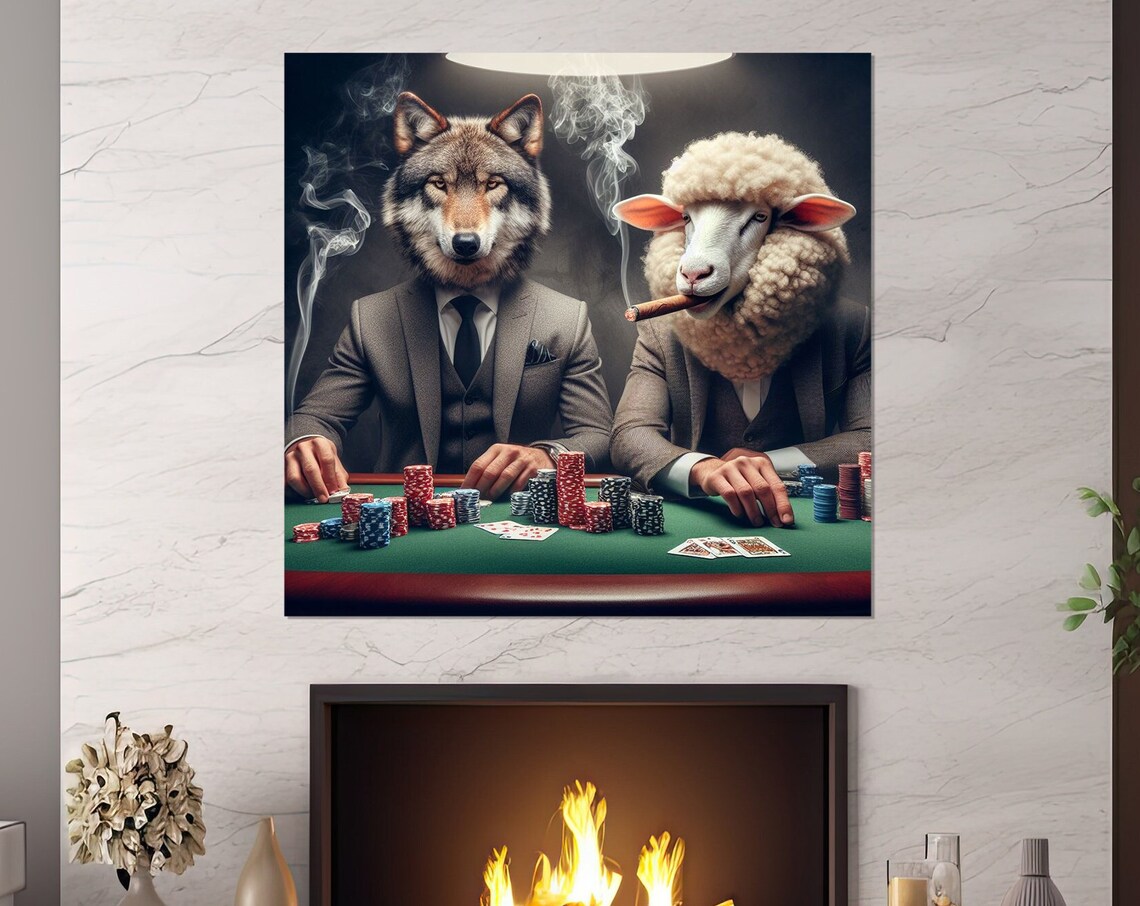 Wolf And Sheep Playing Poker Funny Casino Card Game Night Poster