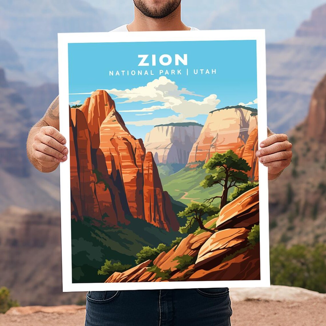 Zion National Park Utah Travel Poster, Hiking Print