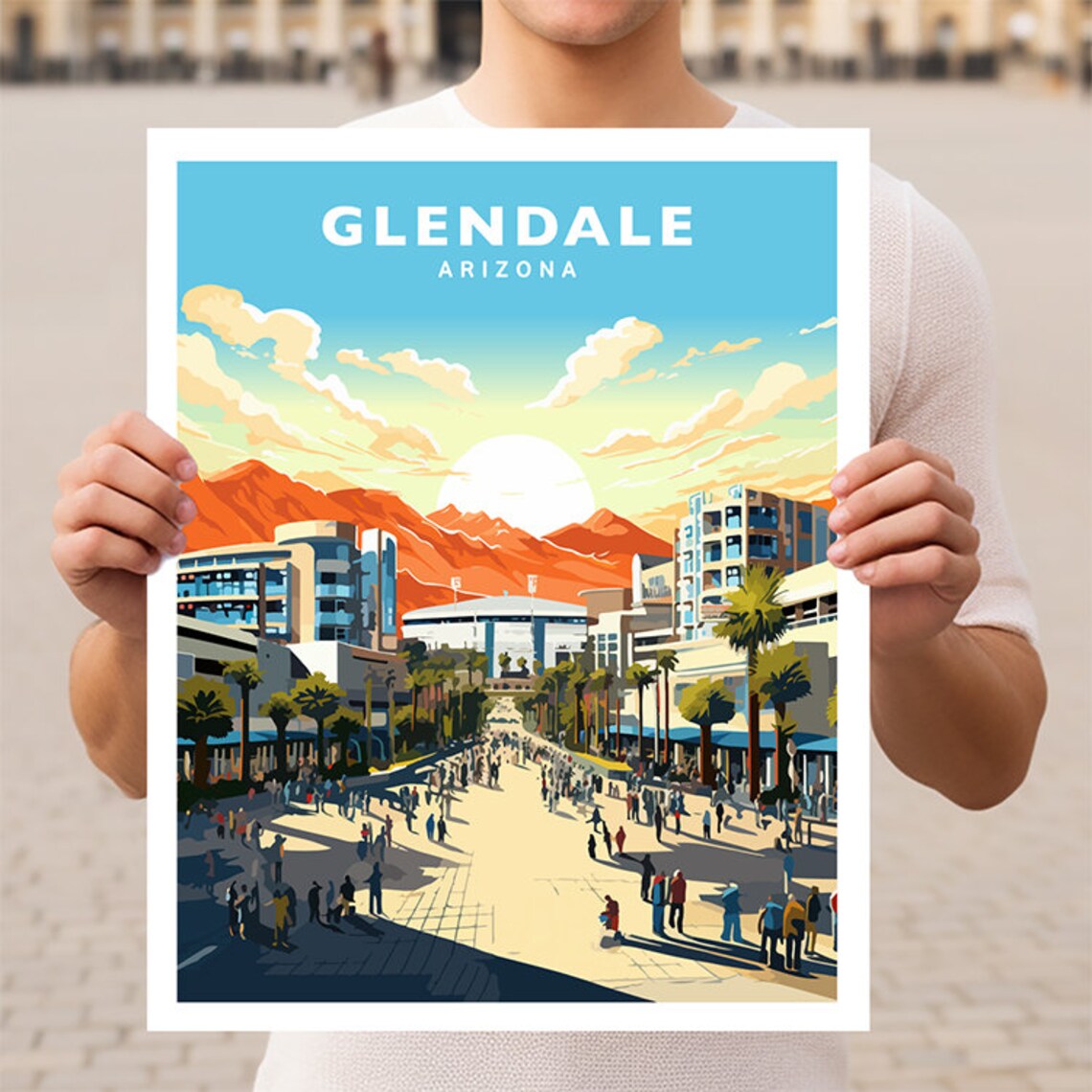 Glendale Arizona Mountain Sunset City Plaza Crowd Travel Poster