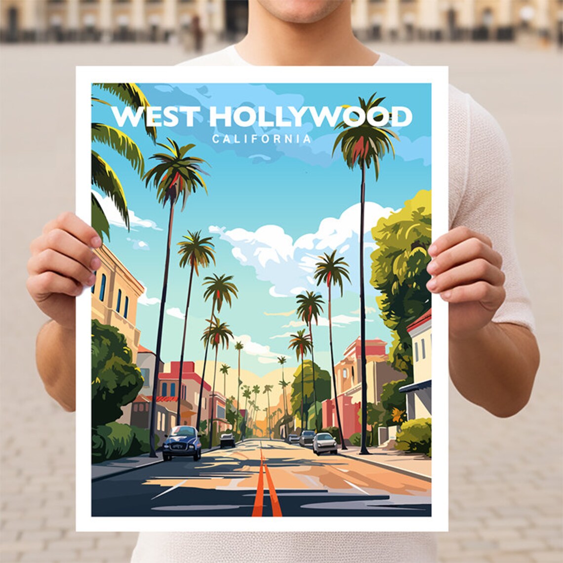 West Hollywood California Palm Lined Residential Street Travel Poster