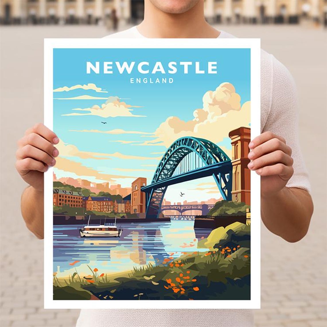 Newcastle Tyne Bridge River Tyne England Vintage Travel Poster