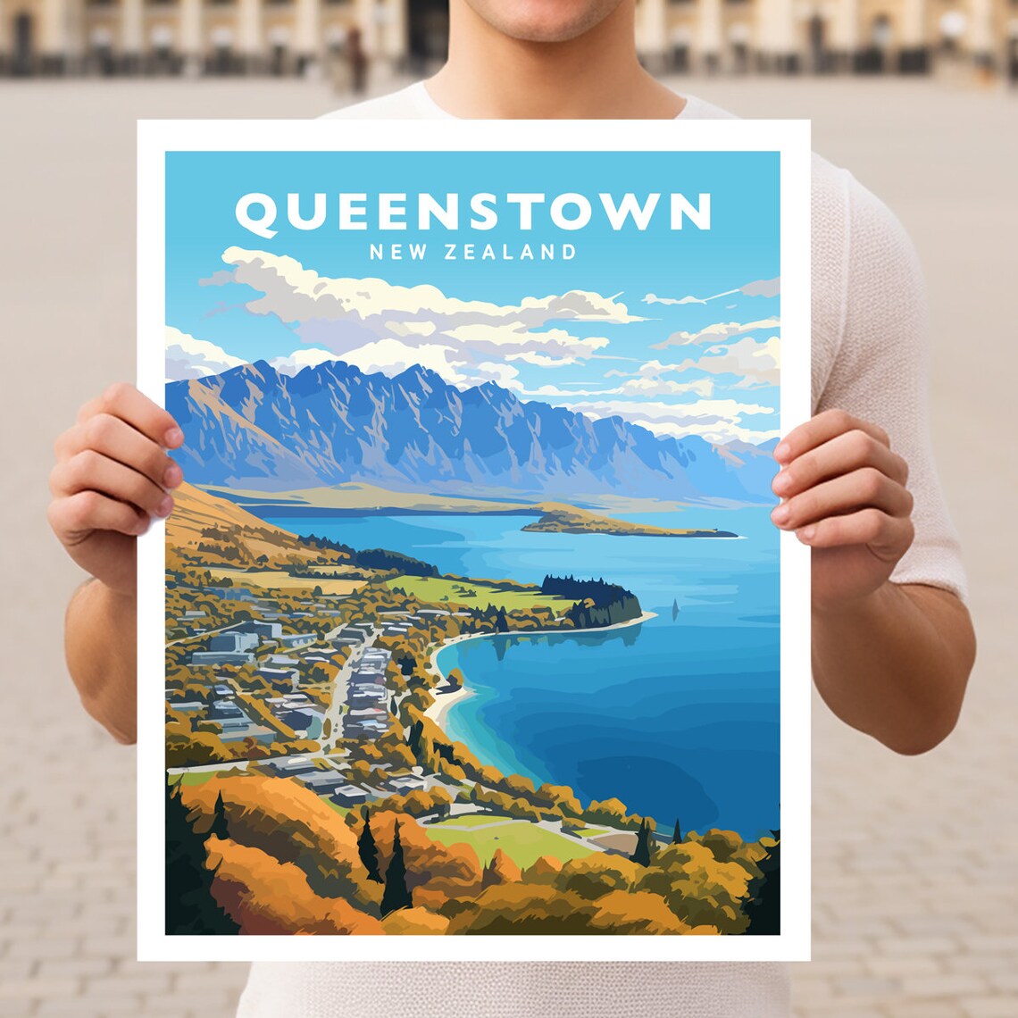 Queenstown New Zealand Lake Wakatipu Alpine Town Travel Poster