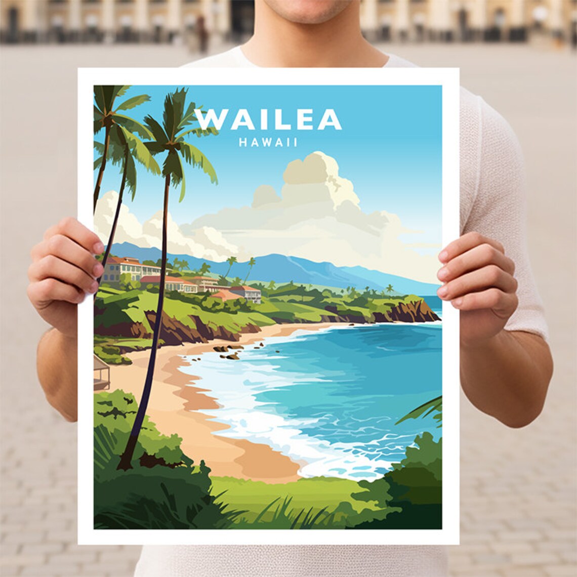 Wailea Hawaii Beach Resort Coast Palm Trees Ocean View Travel Poster