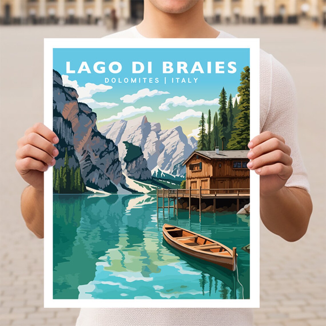 Lago Di Braies Italy Travel Poster, Dolomites