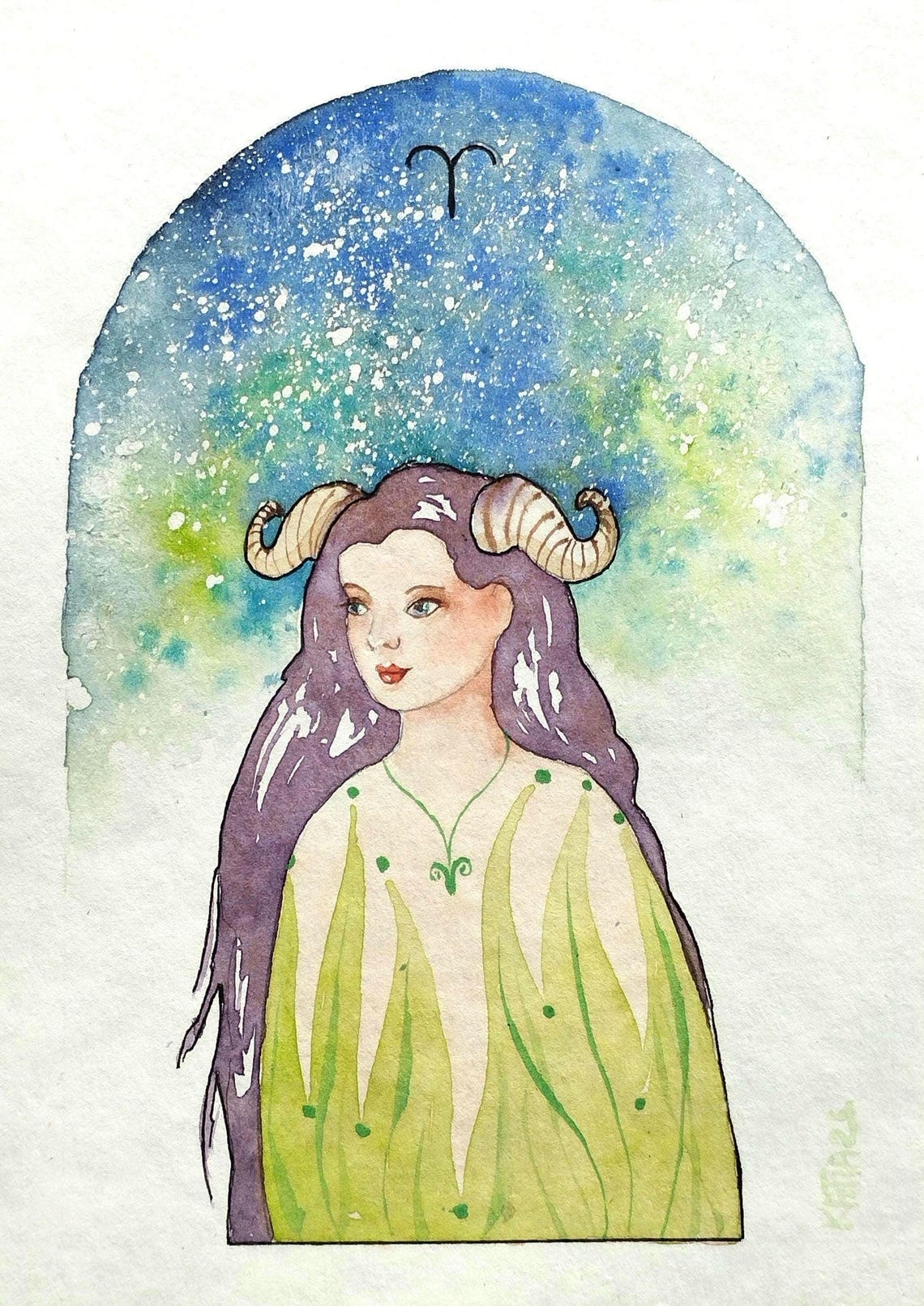 Aries Zodiac Painting Of A Woman Of The Astrological Sign Of Aries Portrait And Constellation Original Watercolor Wall Art Handmade