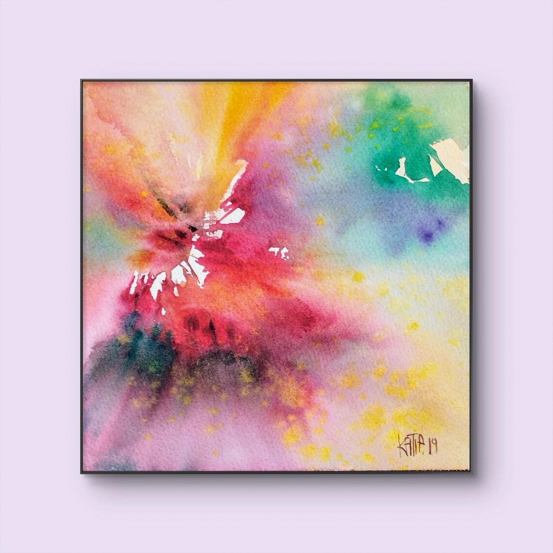 Red and Gold Abstract Watercolor Shapes with White Splatter Poster