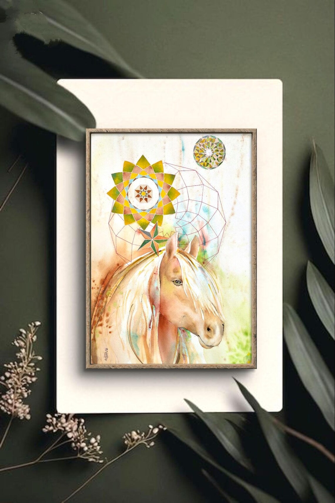 Horse And Golden Mandala Sun Watercolor Meditation Spirit Art Poster