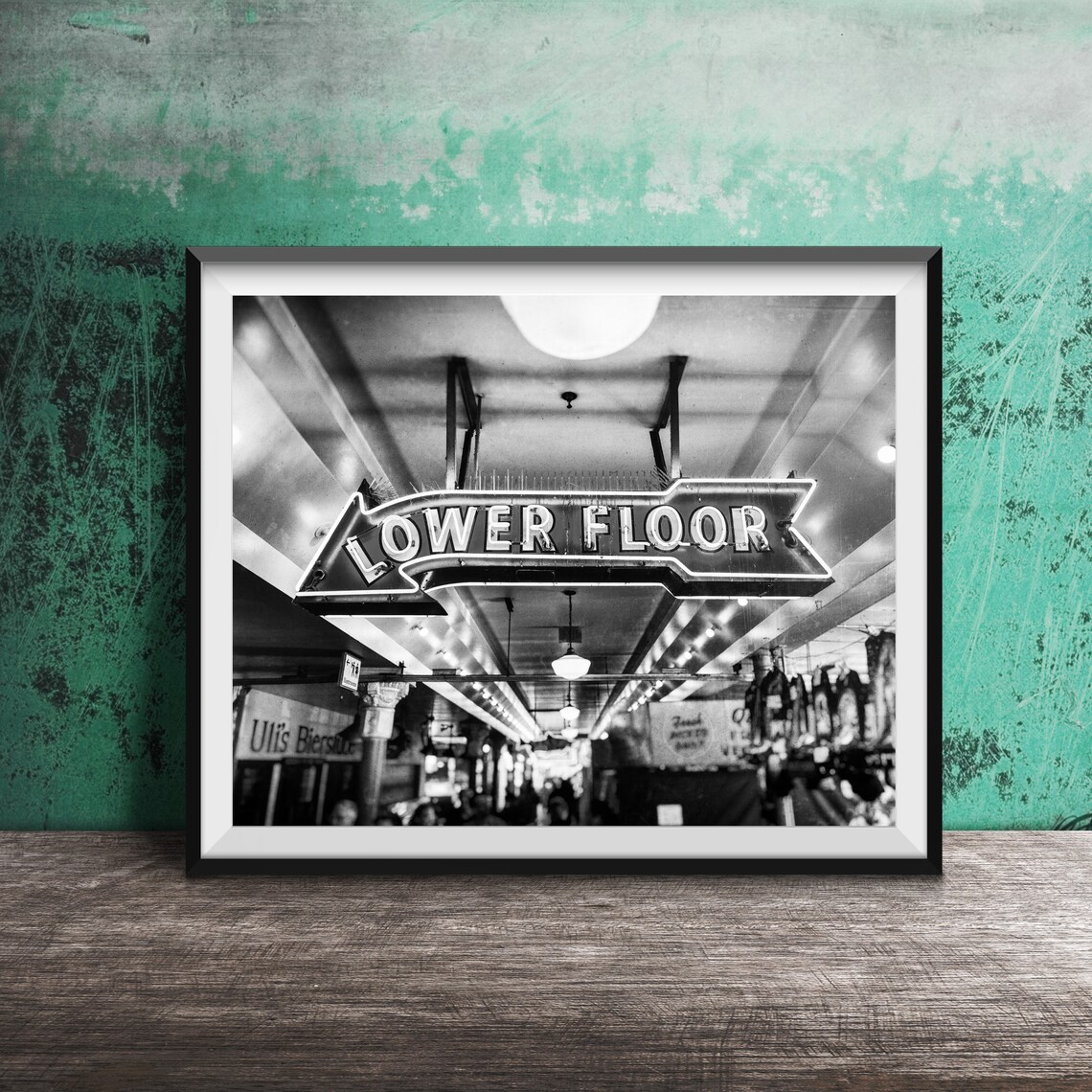 Lower Floor Red Neon Arrow Sign Busy Market Hall Photography Poster - Image 2