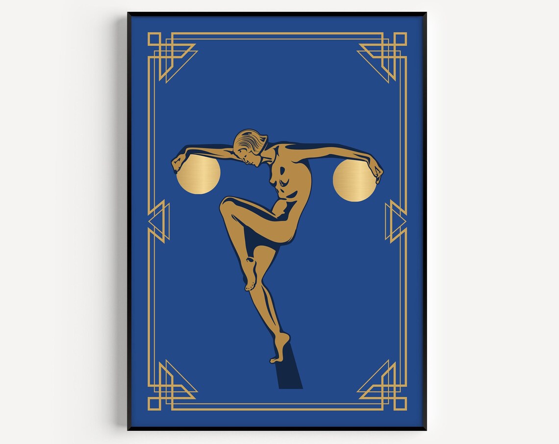 Art Deco Gold Dancer on Cobalt Blue Geometric Frame Art Poster