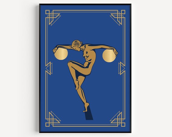 Art Deco Gold Dancer on Cobalt Blue Geometric Frame Art Poster