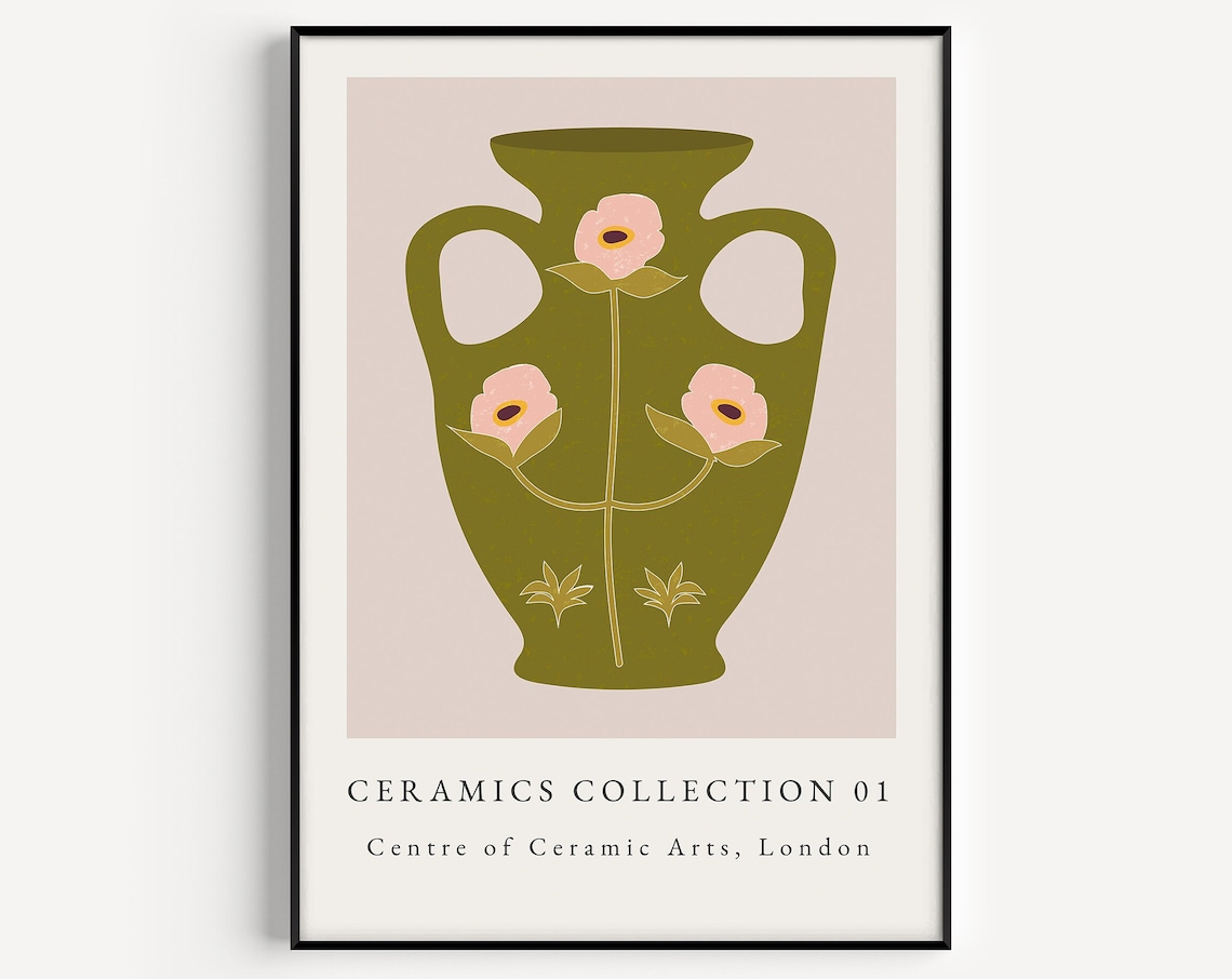 Boho Ceramic Vase Green Wall Art Print, Home Decor
