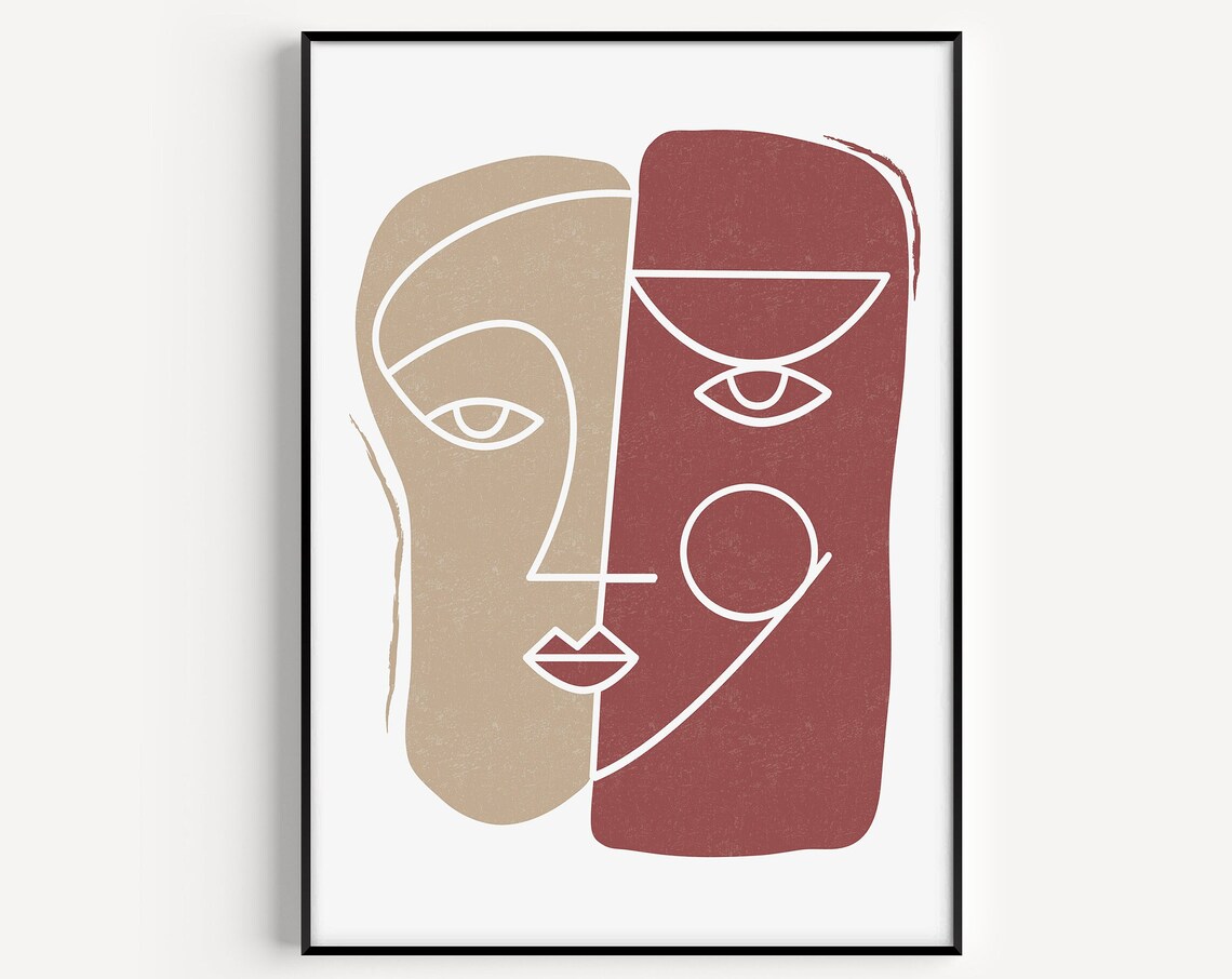 Abstract Two Faces Line Art in Beige and Terracotta Art Poster