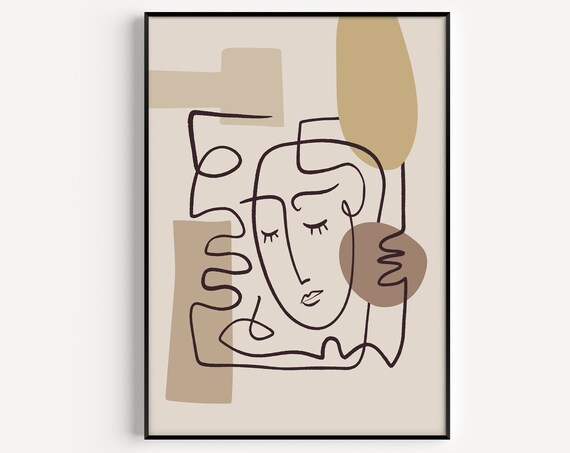 Abstract Single Line Face on Beige Modern Artwork Wall Poster