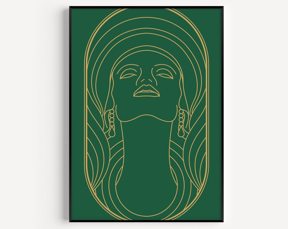 Emerald Green Art Deco Woman Front Face Gold Linework Decor Poster