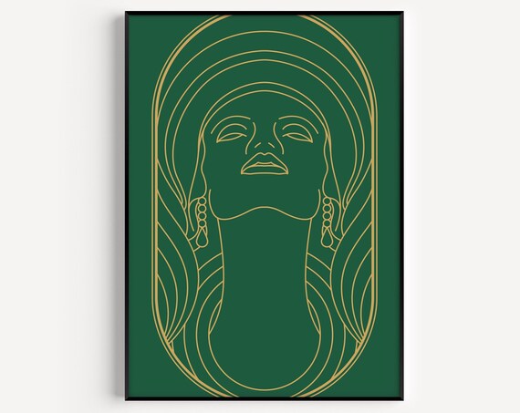 Emerald Green Art Deco Woman Front Face Gold Linework Decor Poster