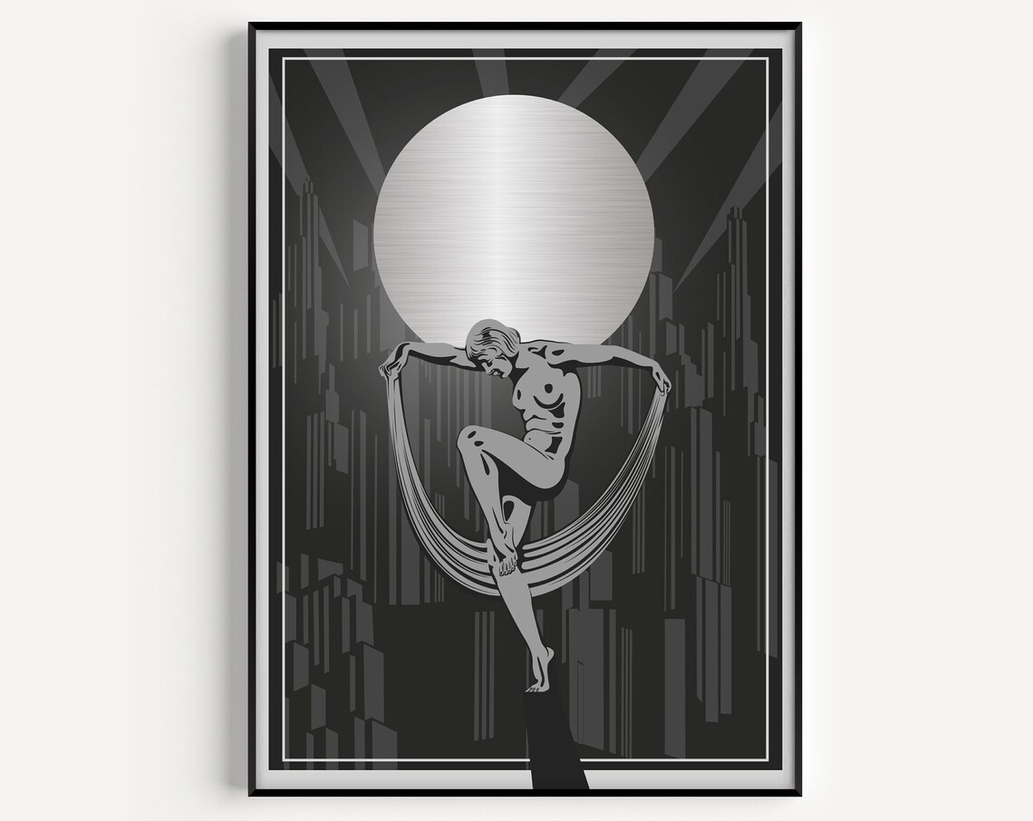 Art Deco Silver Dancer with Moon Over Monochrome City Poster
