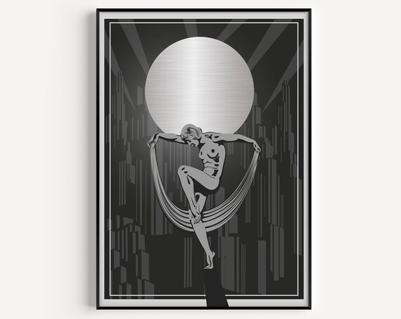 Art Deco Silver Dancer with Moon Over Monochrome City Poster
