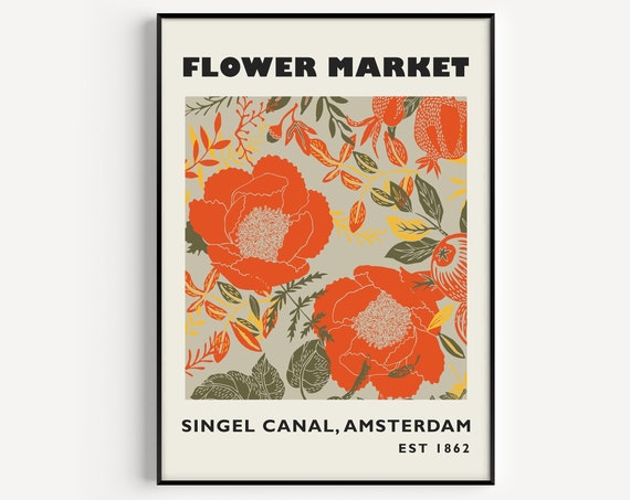 Flower Market Floral Art Print, Red and Orange