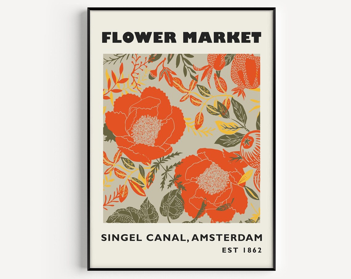 Flower Market Floral Art Print, Red and Orange