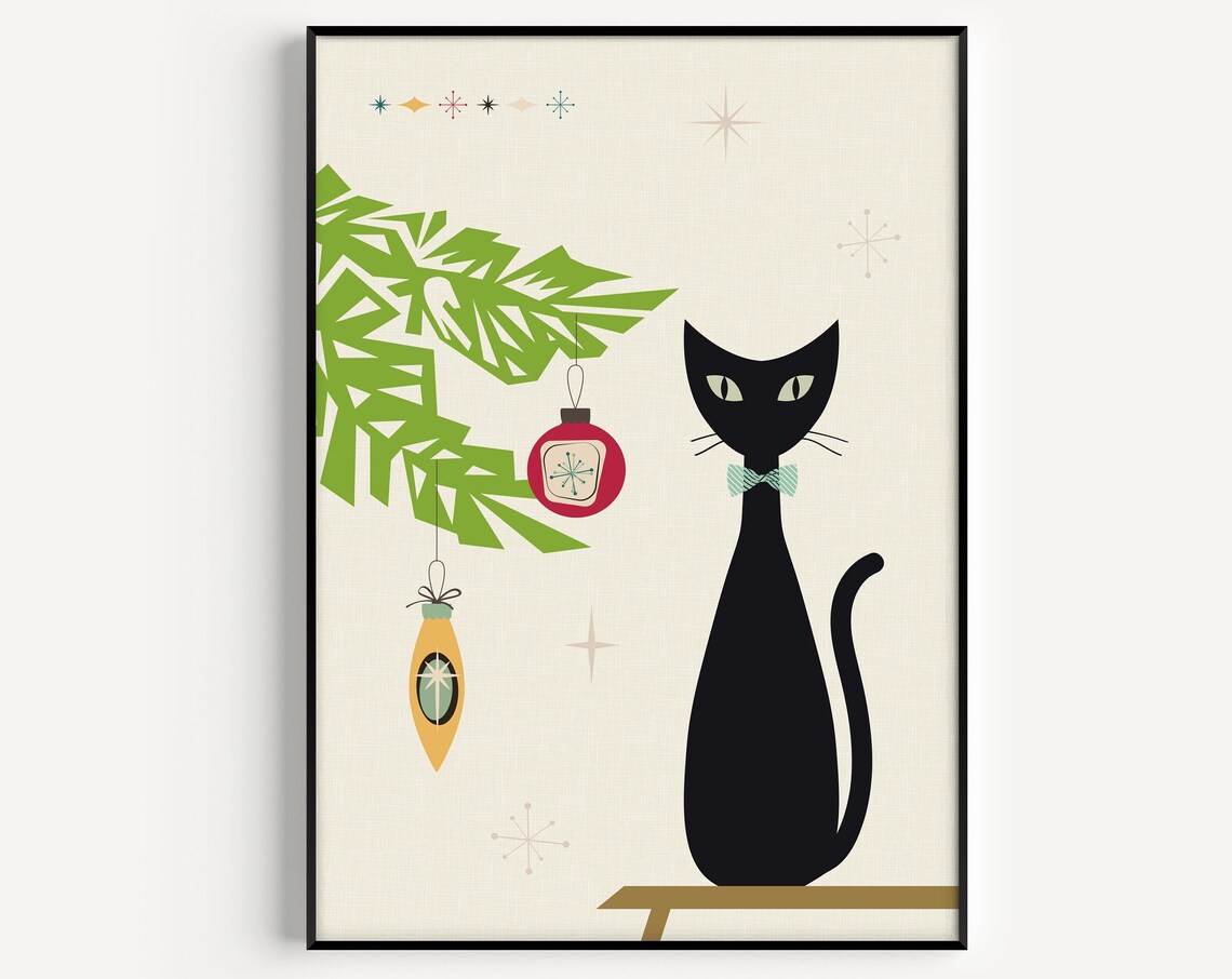 Christmas Mid-Century Modern Cat Wall Art Print