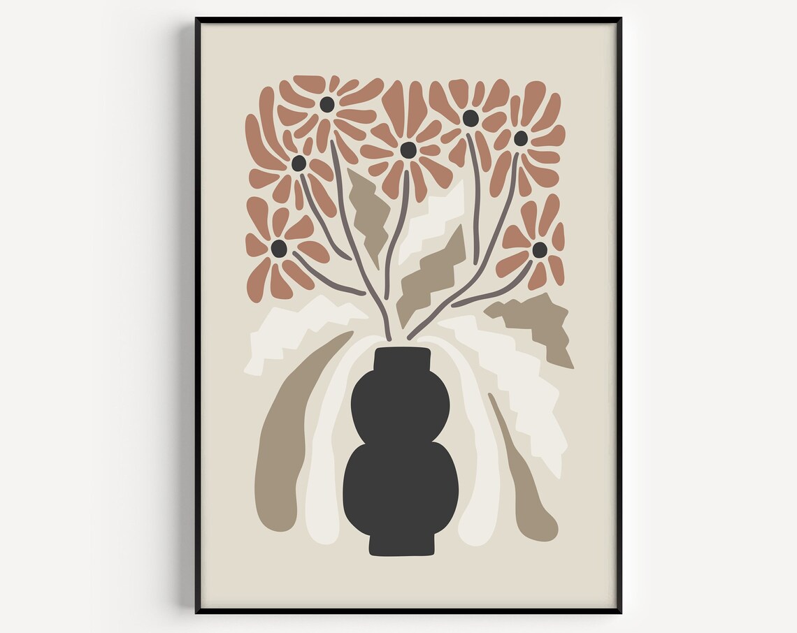 Flower Vase Print, Minimalist Neutral Floral Art Print