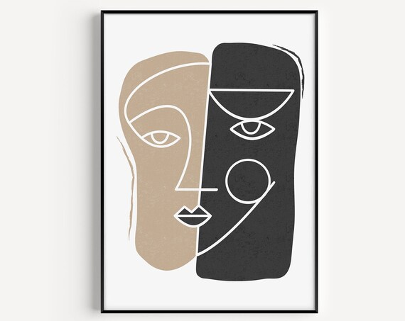 Abstract Split Face Beige Black White Line Art Portrait Poster