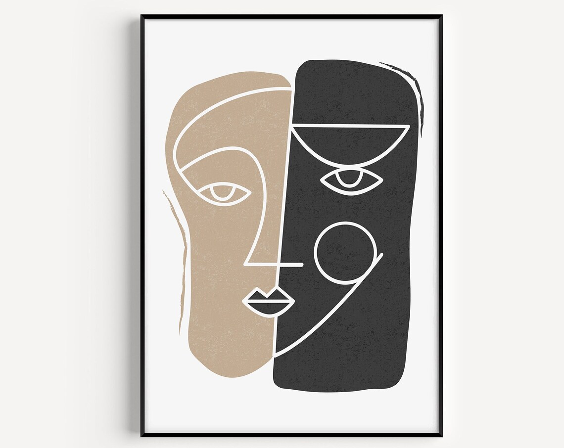 Abstract Split Face Beige Black White Line Art Portrait Poster