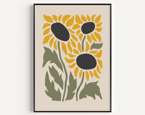 Sunflower Print, Mid-Century Yellow and Green Poster
