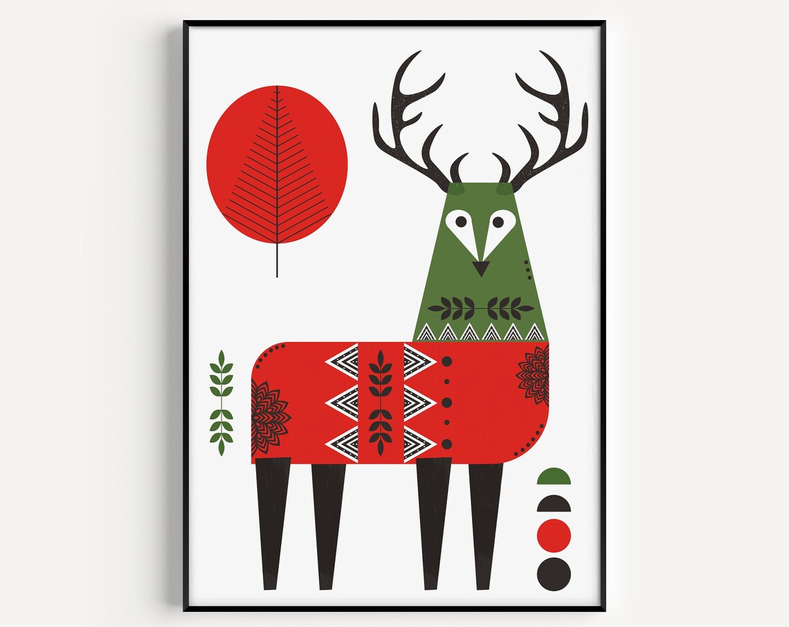 Christmas Stag Folk Art Print, Holiday Wall Art