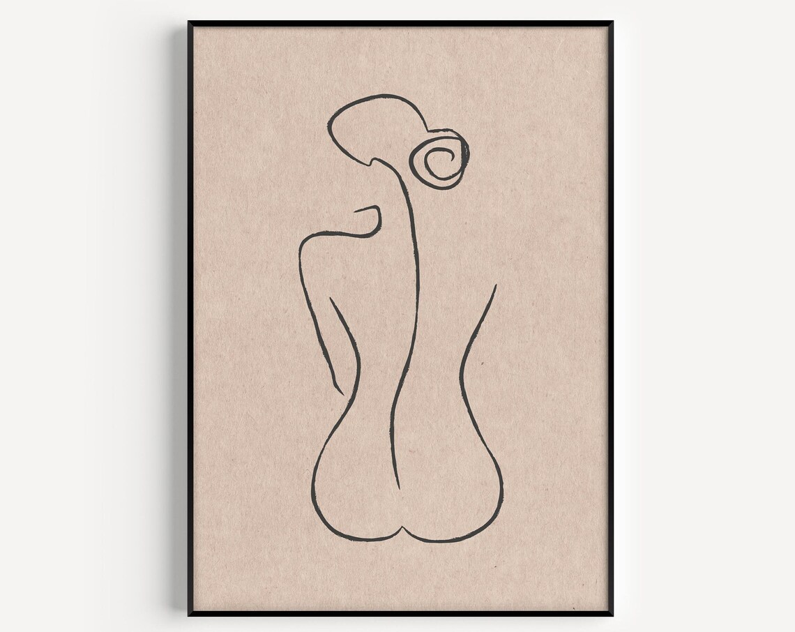 Minimalist One Line Female Nude Figure Beige Line Art Poster