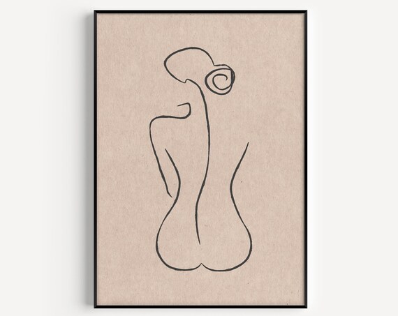 Minimalist One Line Female Nude Figure Beige Line Art Poster