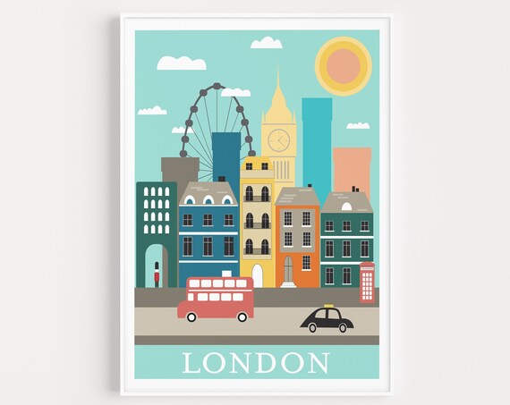 London Colourful Travel Poster, Wall Art Print