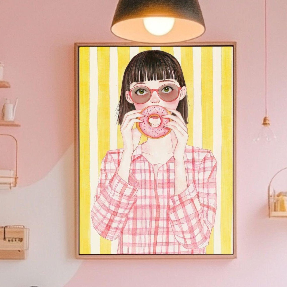 Cute Pink And Yellow Wall Art Girl With Donut Wall Art Cute Girl Poster Dorm Wall Art