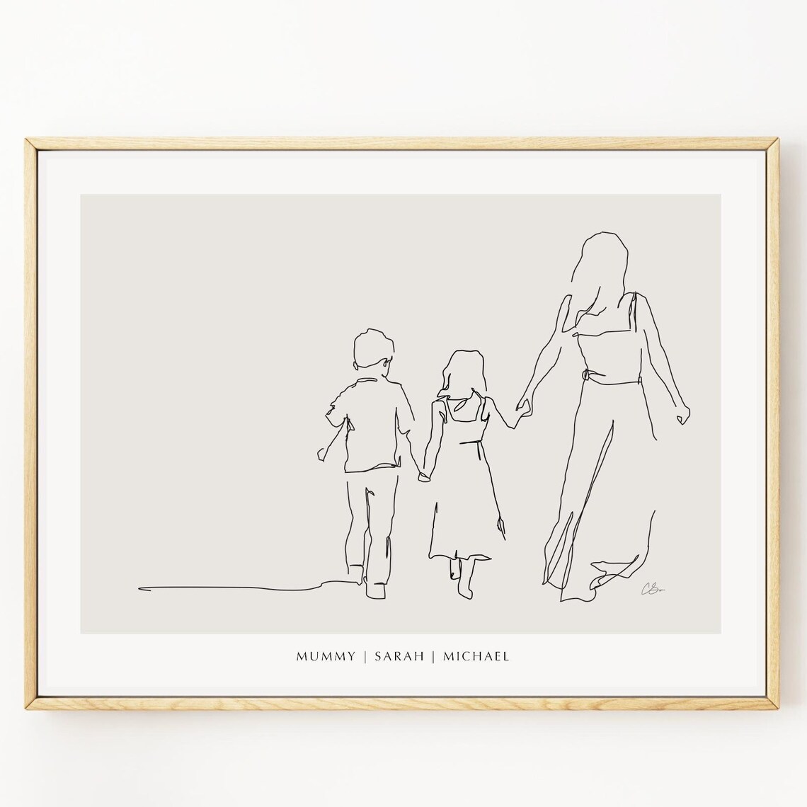 Personalised Mother Walking With Two Children Line Art Gift Print
