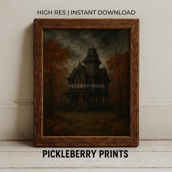 Spooky Haunted House In Autumn Print Wall Art Instant Halloween Home Decor Dark Moody Fall
