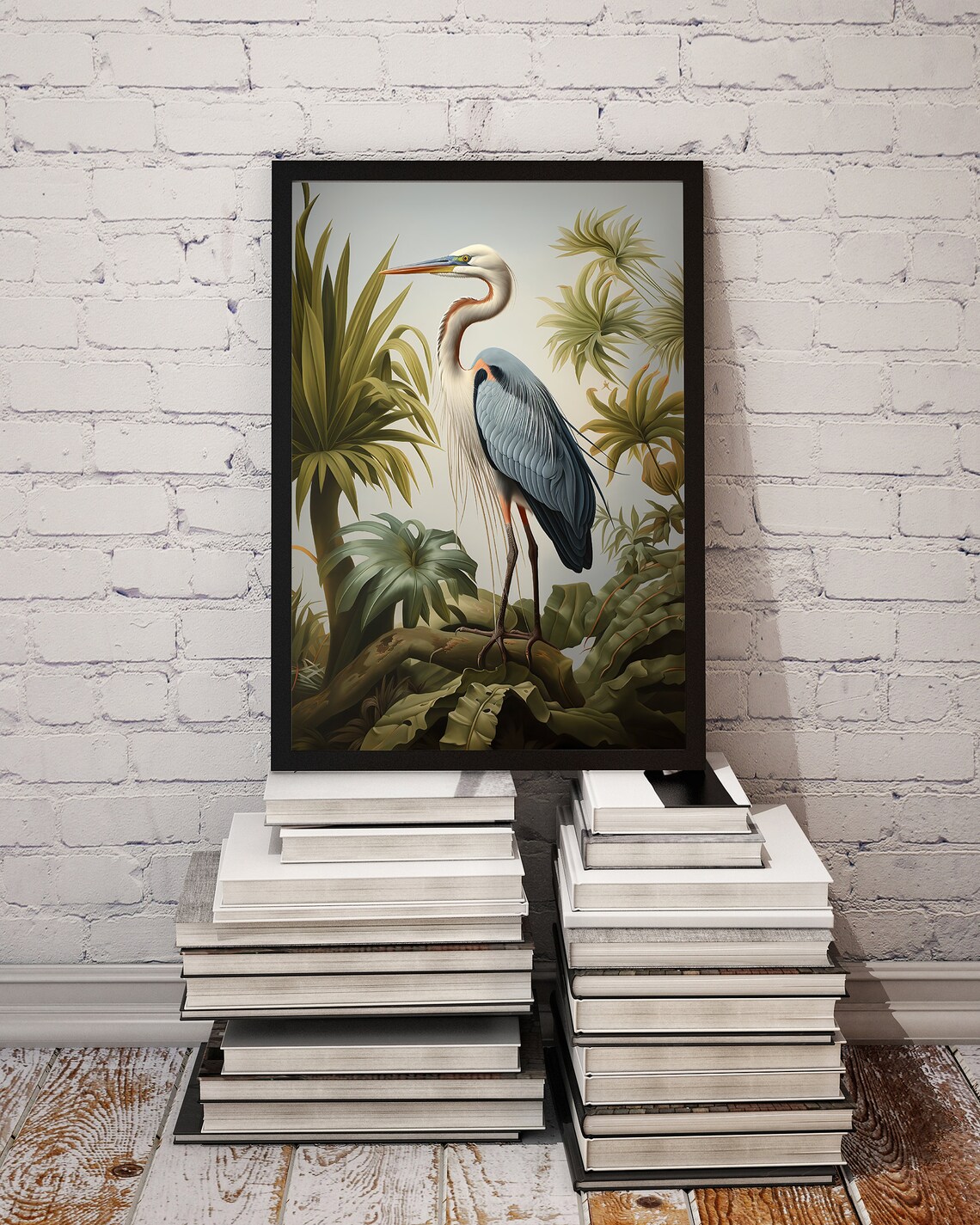 Audubon Style Grey Heron Tropical Foliage Vintage Bird Poster - Image 2