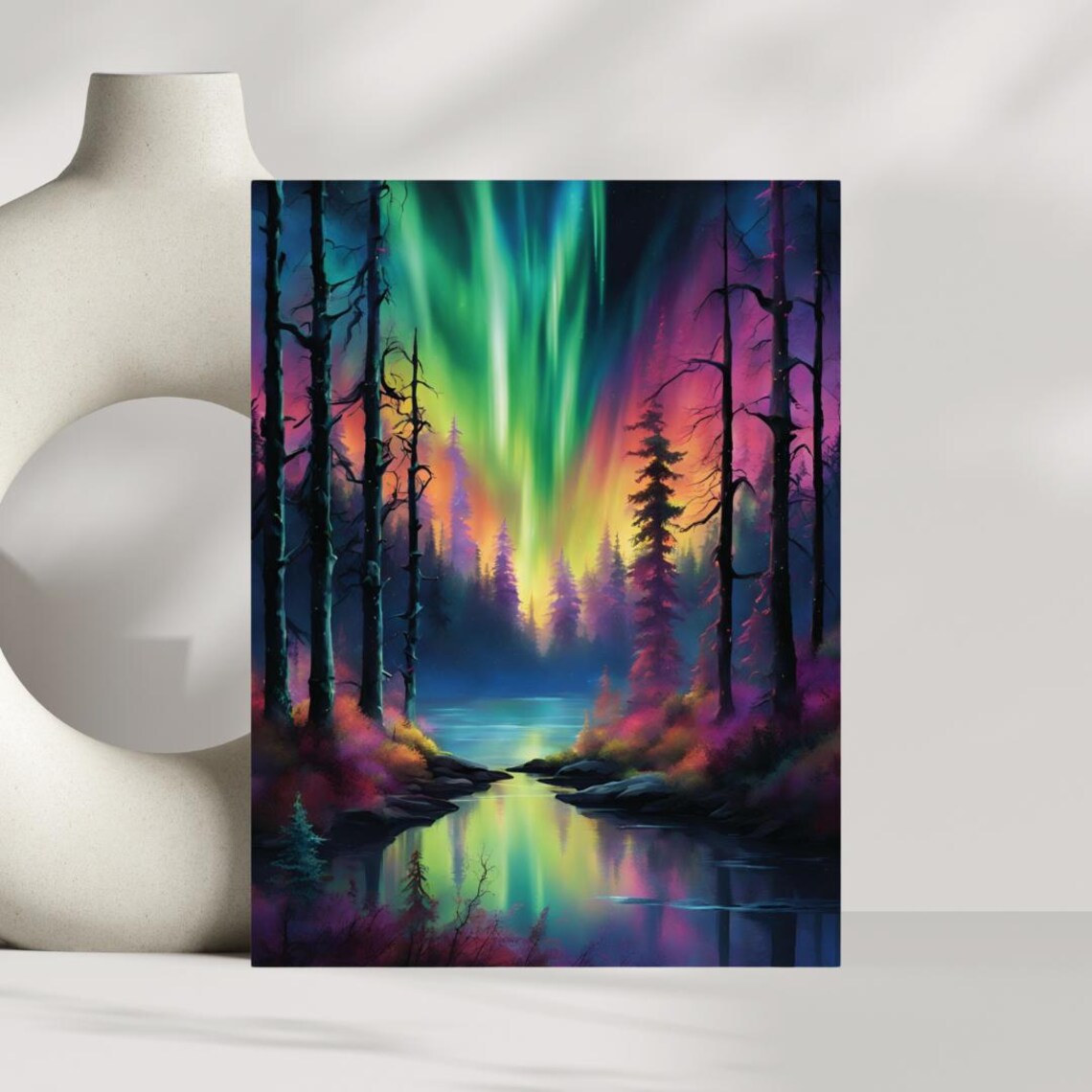 Neon Northern Lights Forest River Night Sky Painting Style Poster