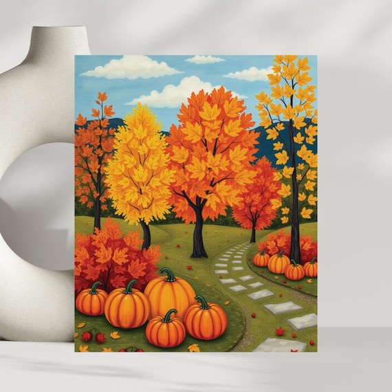 Fall Pumpkins Autumn Trees Folk Art Cozy Harvest Wall Poster