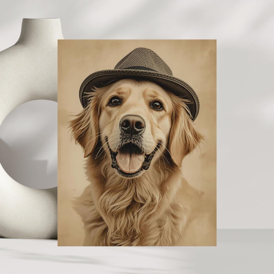 Golden Retriever Wearing Hat Vintage Style Happy Dog Portrait Poster